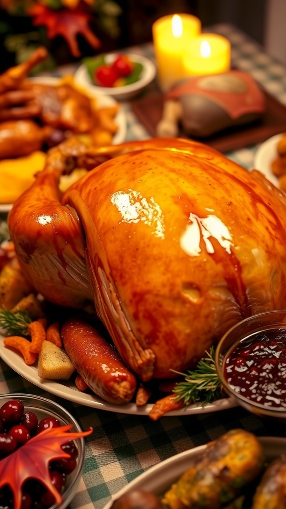 A roasted turkey with a maple-brandy glaze, served on a festive table with side dishes.